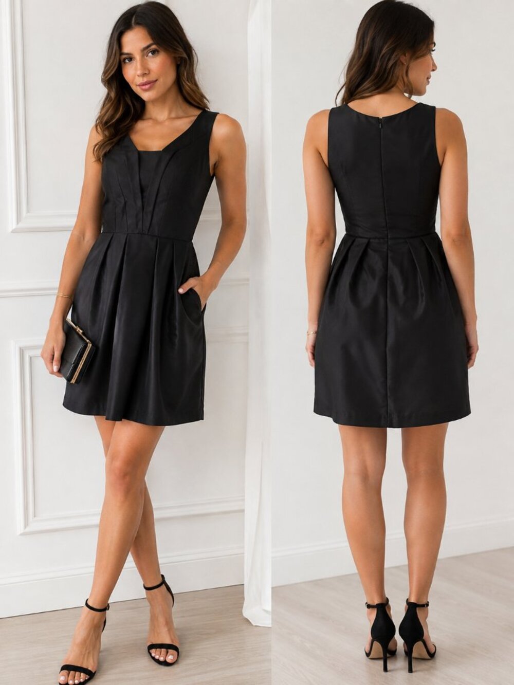 Bebe Black Sleeveless Dress With V-Neck & Pleated Waist Size 6
